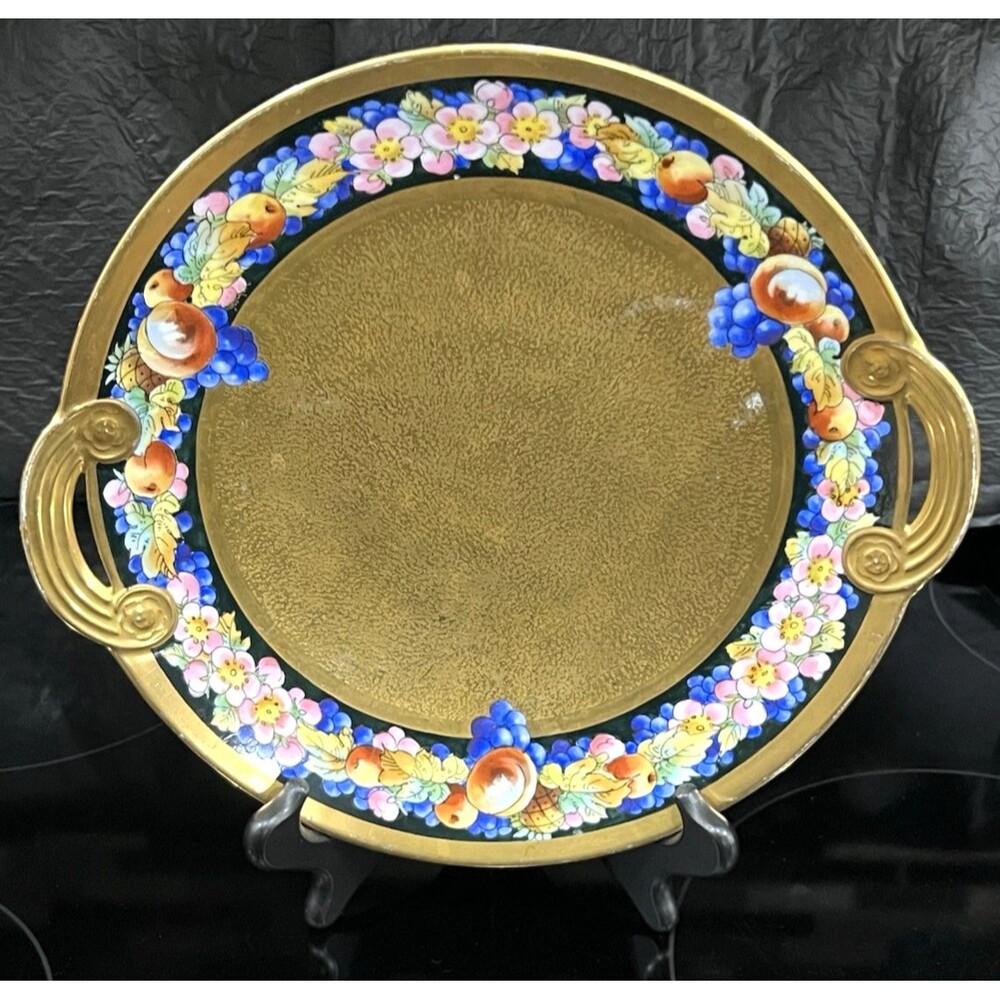 Antique Pickard Yeschek Signed Dish Etched China Hand Painted Gold Fruit Linear